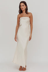 Kona Strapless Pleated Bust Satin Maxi Dress Champagne